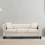Designer Linen Rolled Arms Chesterfield Sofa (Beige)