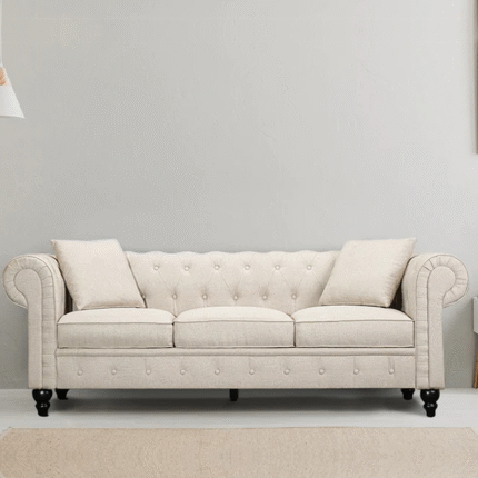 Designer Linen Rolled Arms Chesterfield Sofa (Beige)