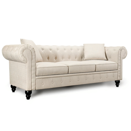 Designer Linen Rolled Arms Chesterfield Sofa (Beige)