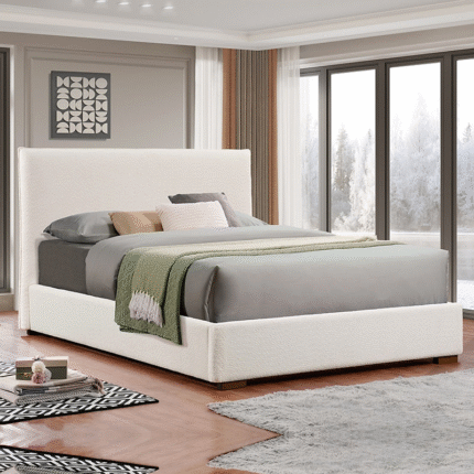 Platform Bed in Boucle Fabric Available in Full/Queen/King Beige
